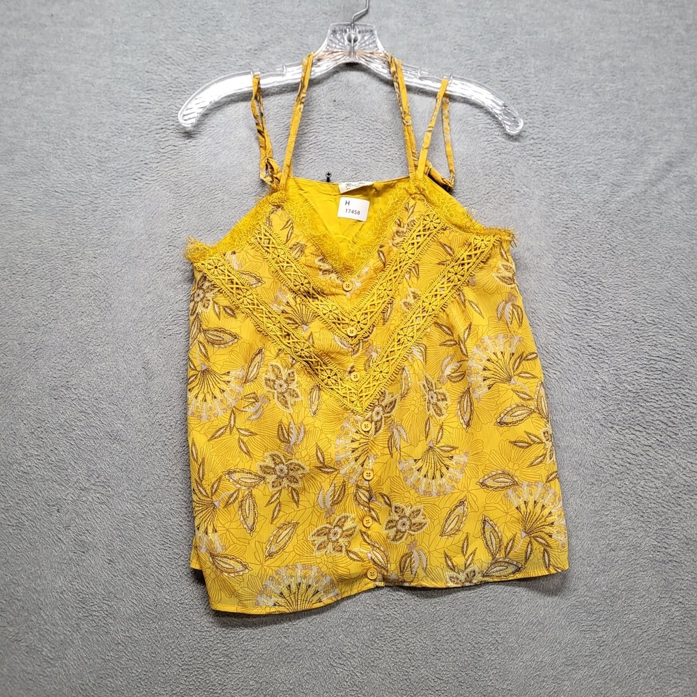 Miss Me Women Tank Top S Yellow Floral Bohemian Lace Button Embroidered